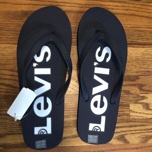 Levis Men Casual Sandal Fit Flop Thong Summer Beach BLACK White logo XL(12/13)